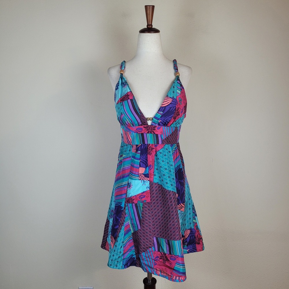 Guess Dress Small Multicolor Patchwork Floral Beaded Strappy Mini Deep Water 90s